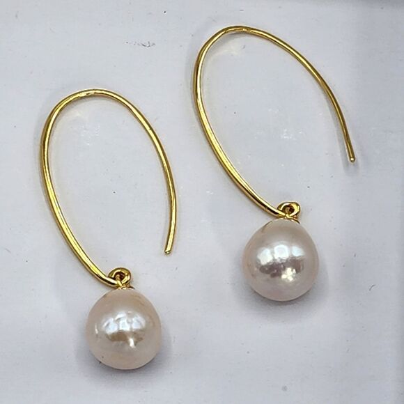 925S Cultured Freshwater Pearl Dangle Threader Hook Earrings Gold Plated - Picture 7 of 14